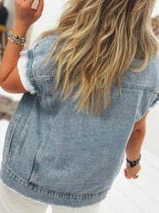 Button Flap Pocket Frayed Detail Denim Vest OutfitFlow