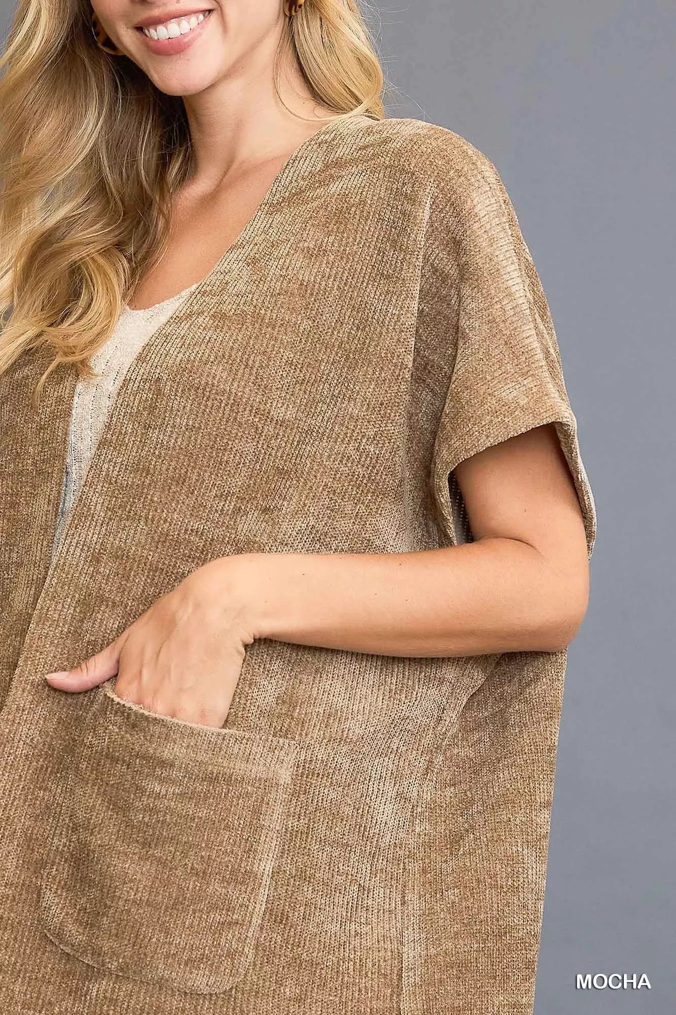 Umgee Open Front Knit Cardigan with Front Pockets OutfitFlow