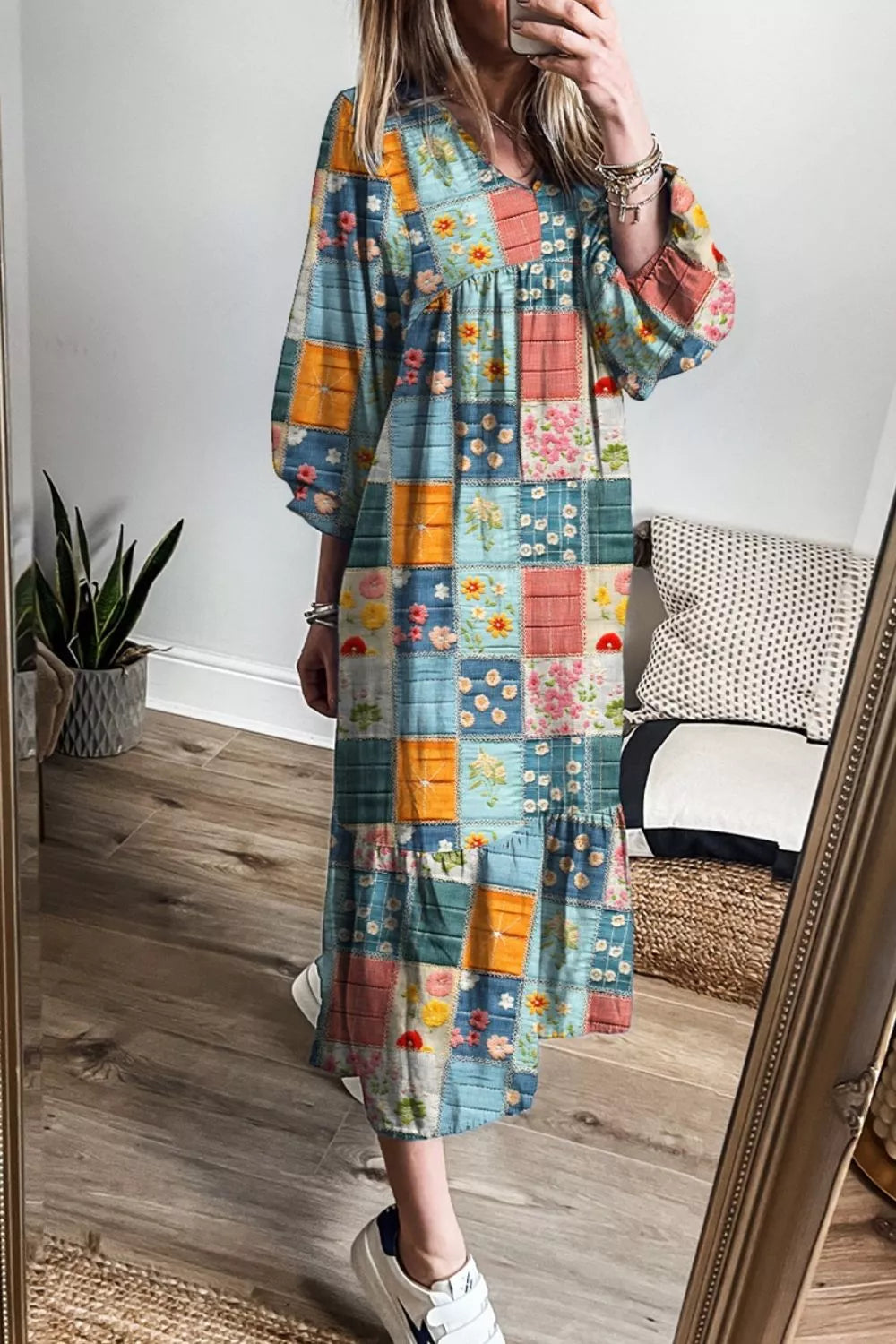 Floral Checkered V-Neck Dress OutfitFlow