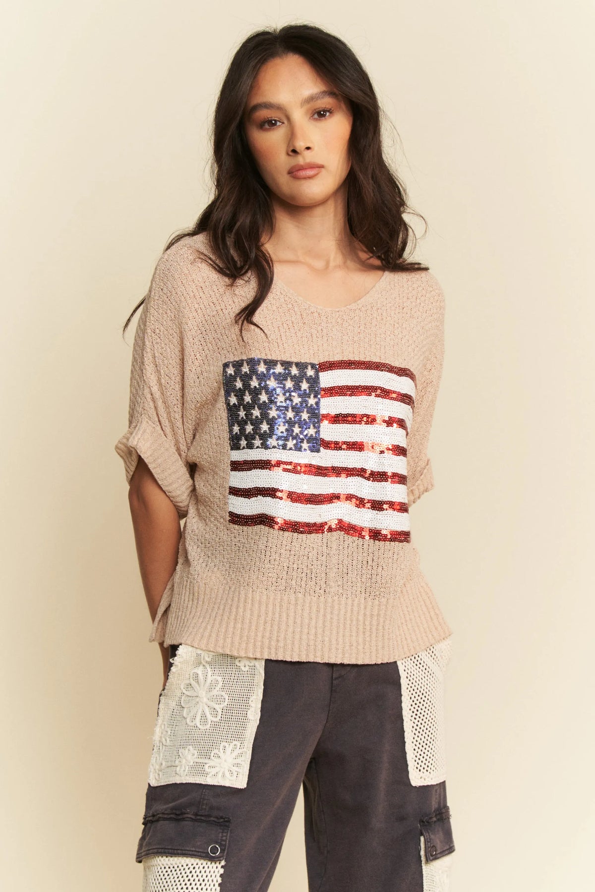 Davi & Dani Sequin American Flag Patch Short Sleeve Knit Top TAUPE OutfitFlow