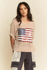 Davi & Dani Sequin American Flag Patch Short Sleeve Knit Top TAUPE OutfitFlow