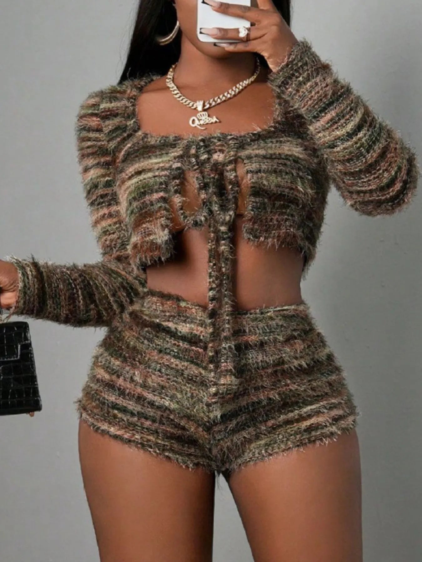 Square Neck Crop Top and Shorts Sweater Set OutfitFlow