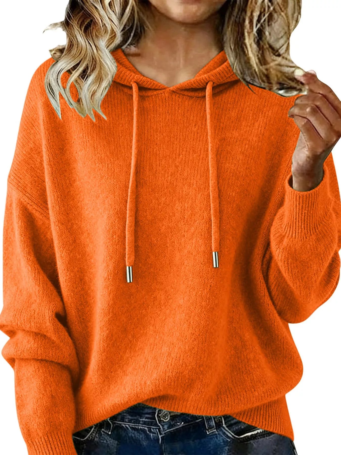 Drawstring Long Sleeve Hooded Sweater Orange Trendsi