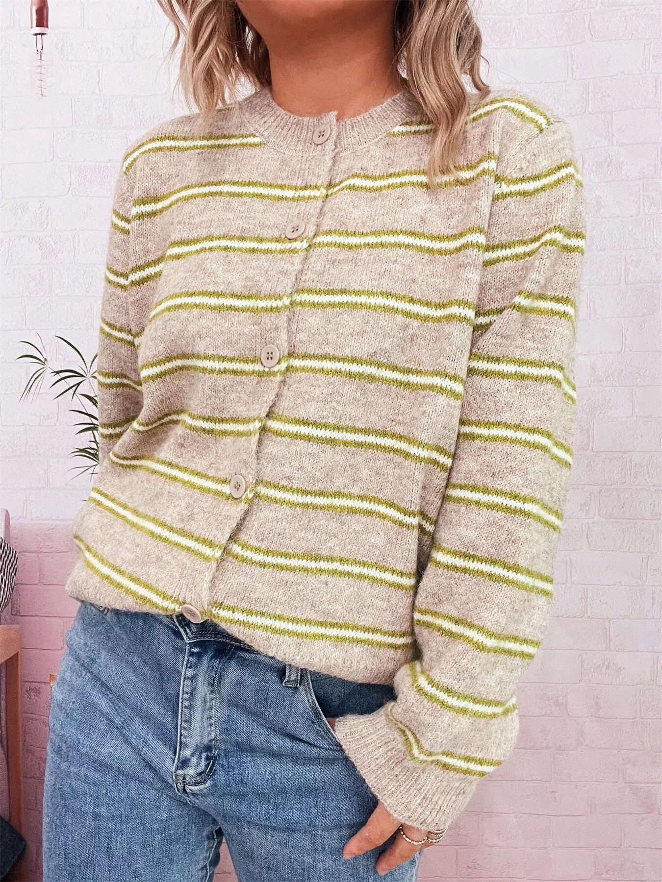 Striped Button-Up Long Sleeve Cardigan OutfitFlow