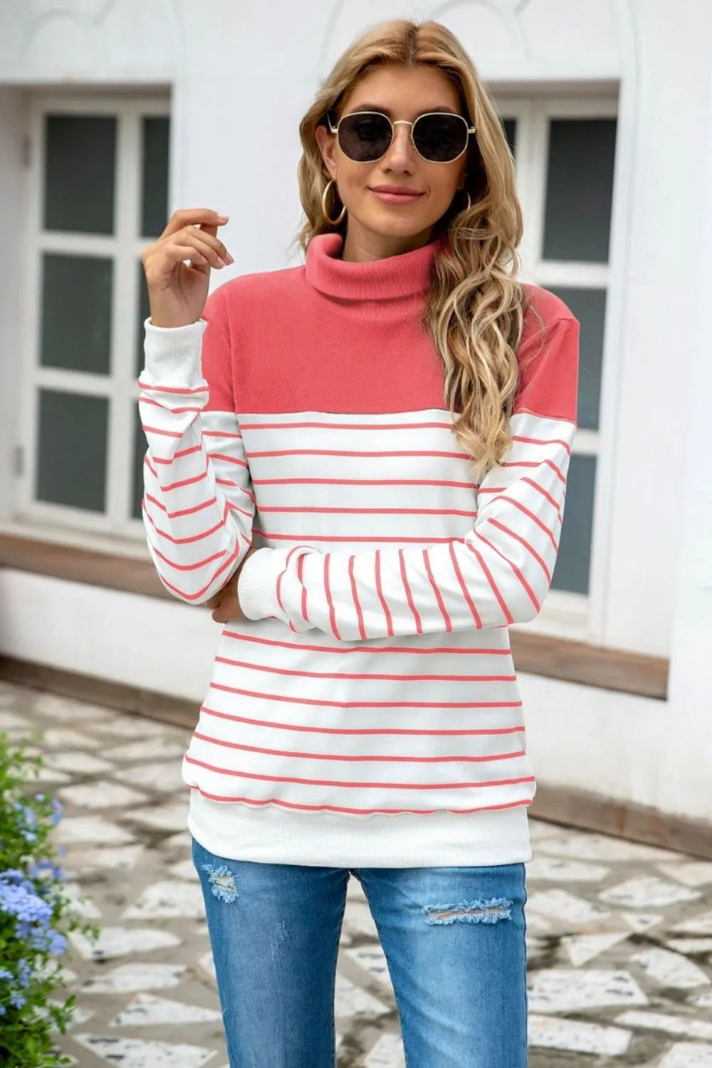 Striped Contrast Turtleneck Sweater Hot Pink OutfitFlow