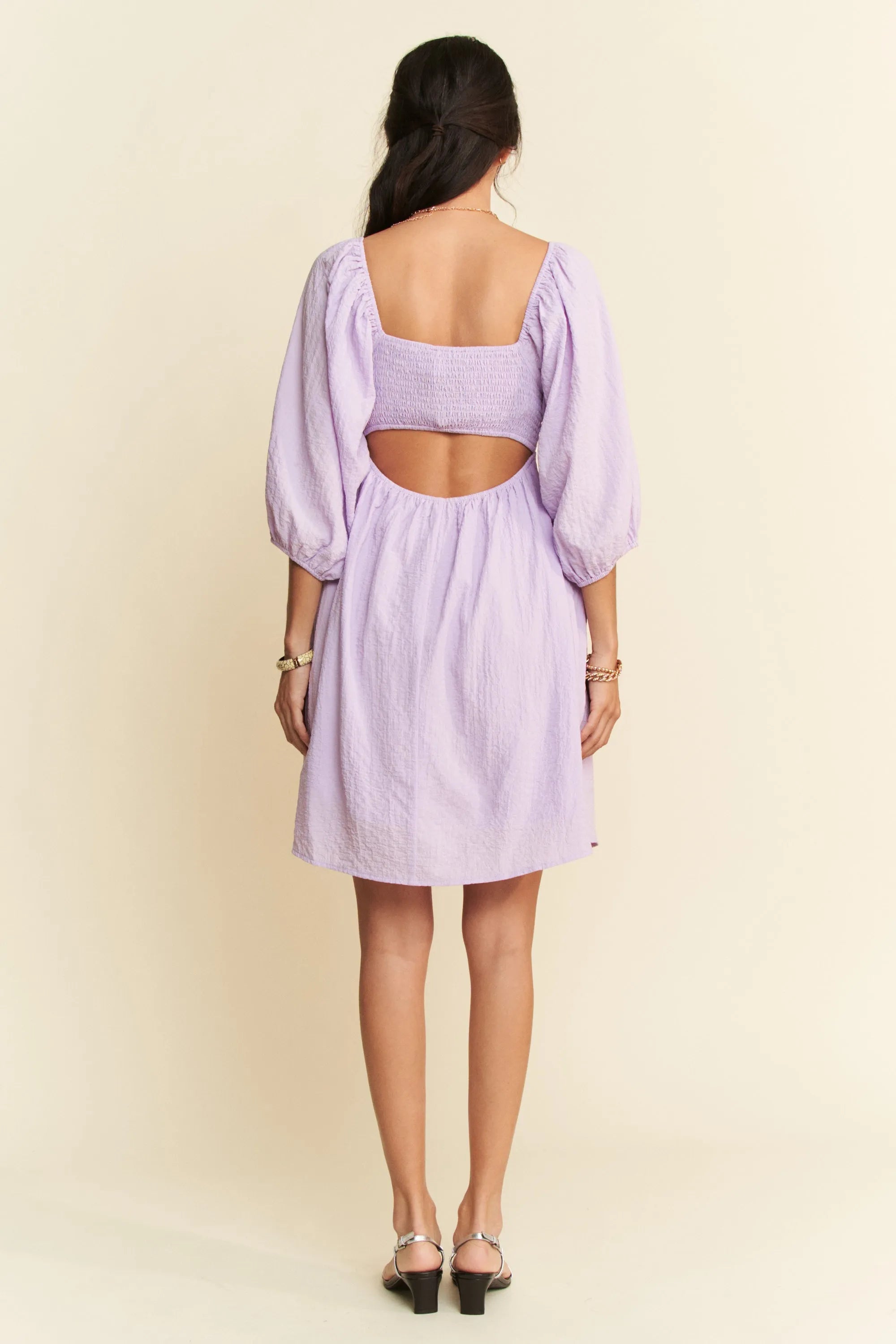 Davi & Dani Self-Tie Puff Sleeve Smocking Open Back Mini Dress OutfitFlow