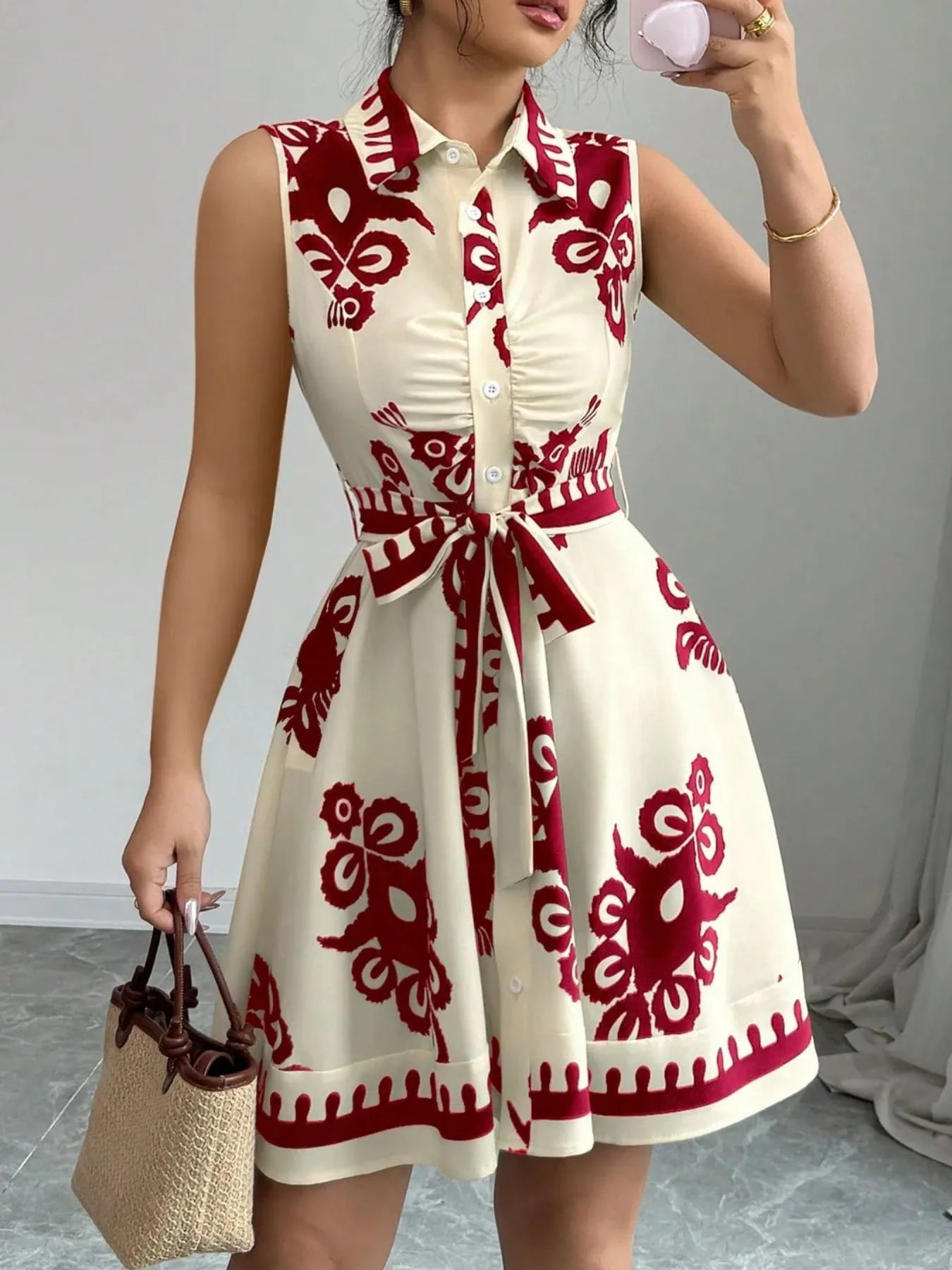 Printed Sleeveless Tie Waist Mini Dress OutfitFlow