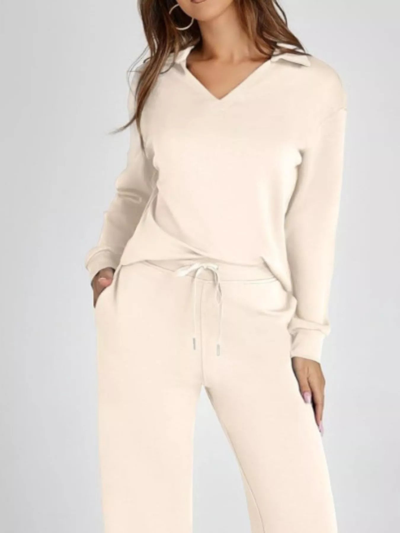 Full Size Johnny Collar Long Sleeve Top and Pants Plus Size OutfitFlow