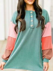 Color Block Ribbed Knit Henley Sweatshirt OutfitFlow