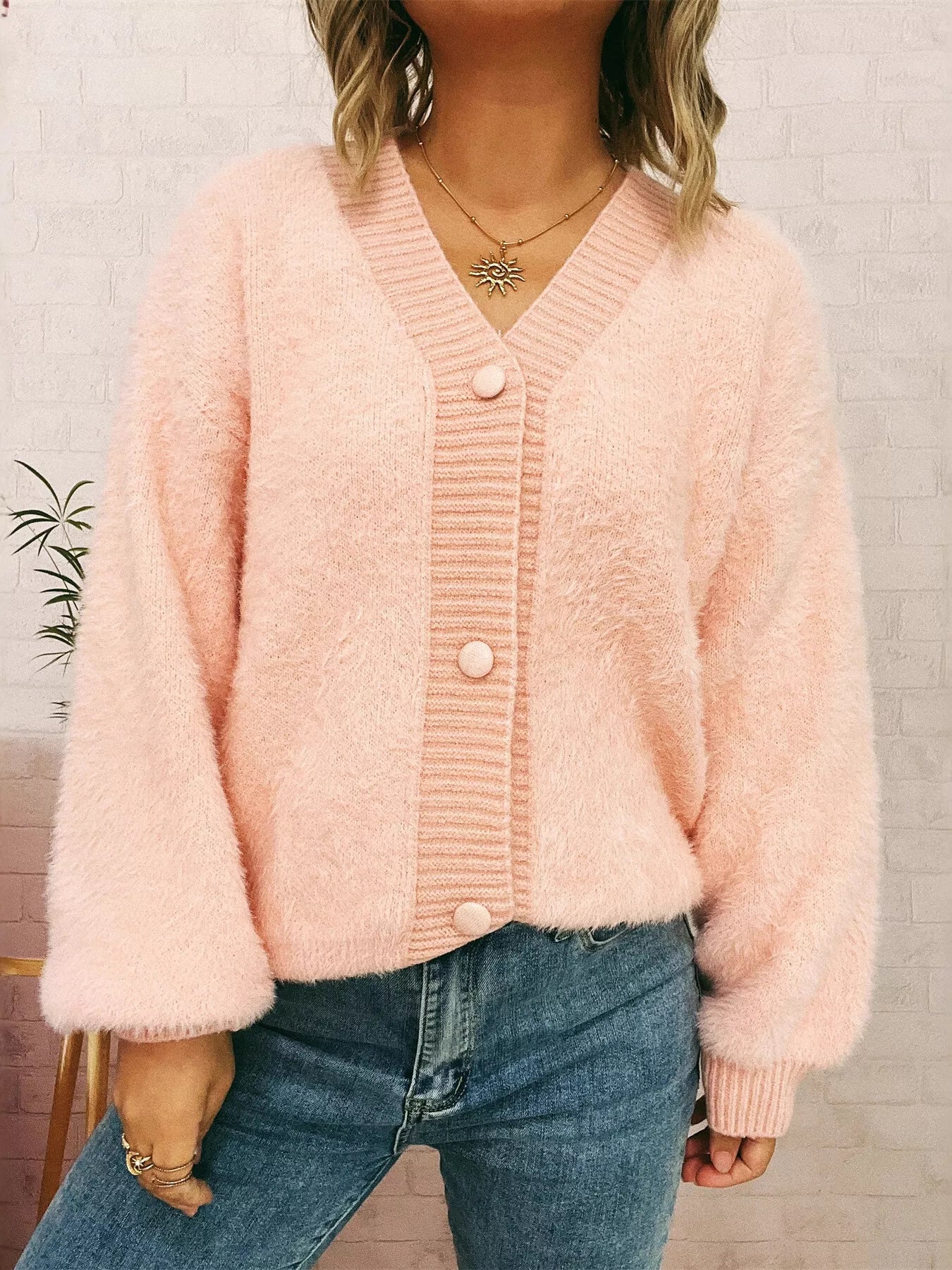 Fuzzy Button-Up Long Sleeve Cardigan OutfitFlow