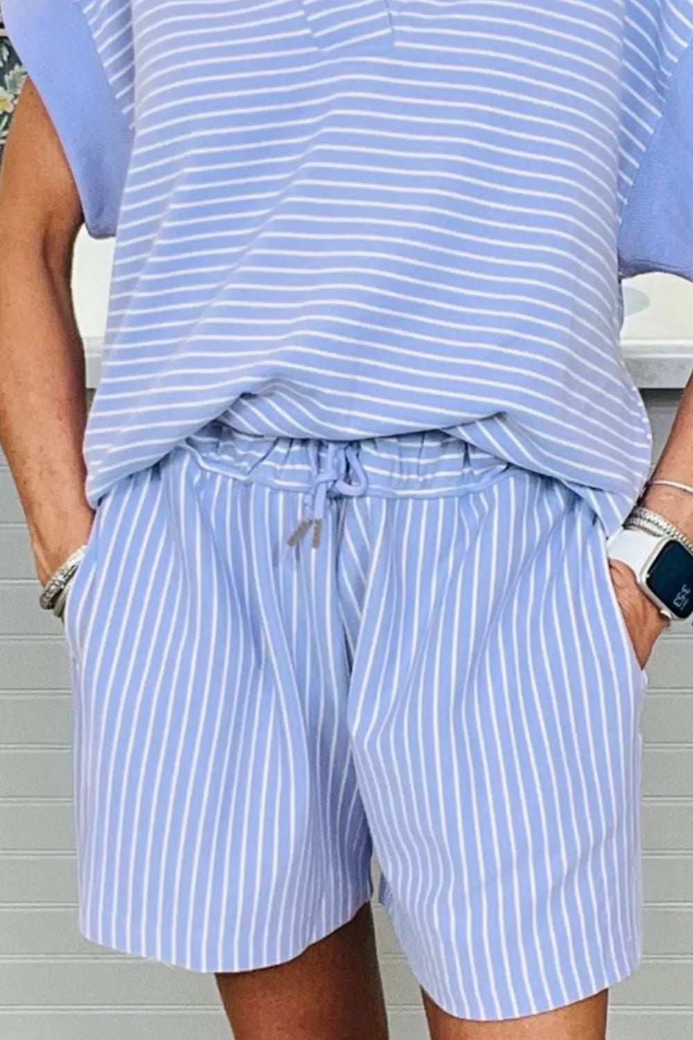 Casual Striped Short Sleeve Top and Shorts Two-Piece Set OutfitFlow