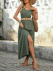 Perfee Decorative Button Slit Sleeveless Midi Dress OutfitFlow