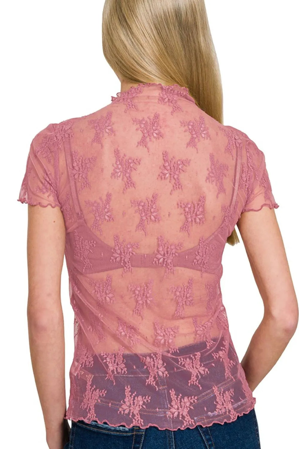 Zenana Lace See-through Layering Short Sleeve Top OutfitFlow