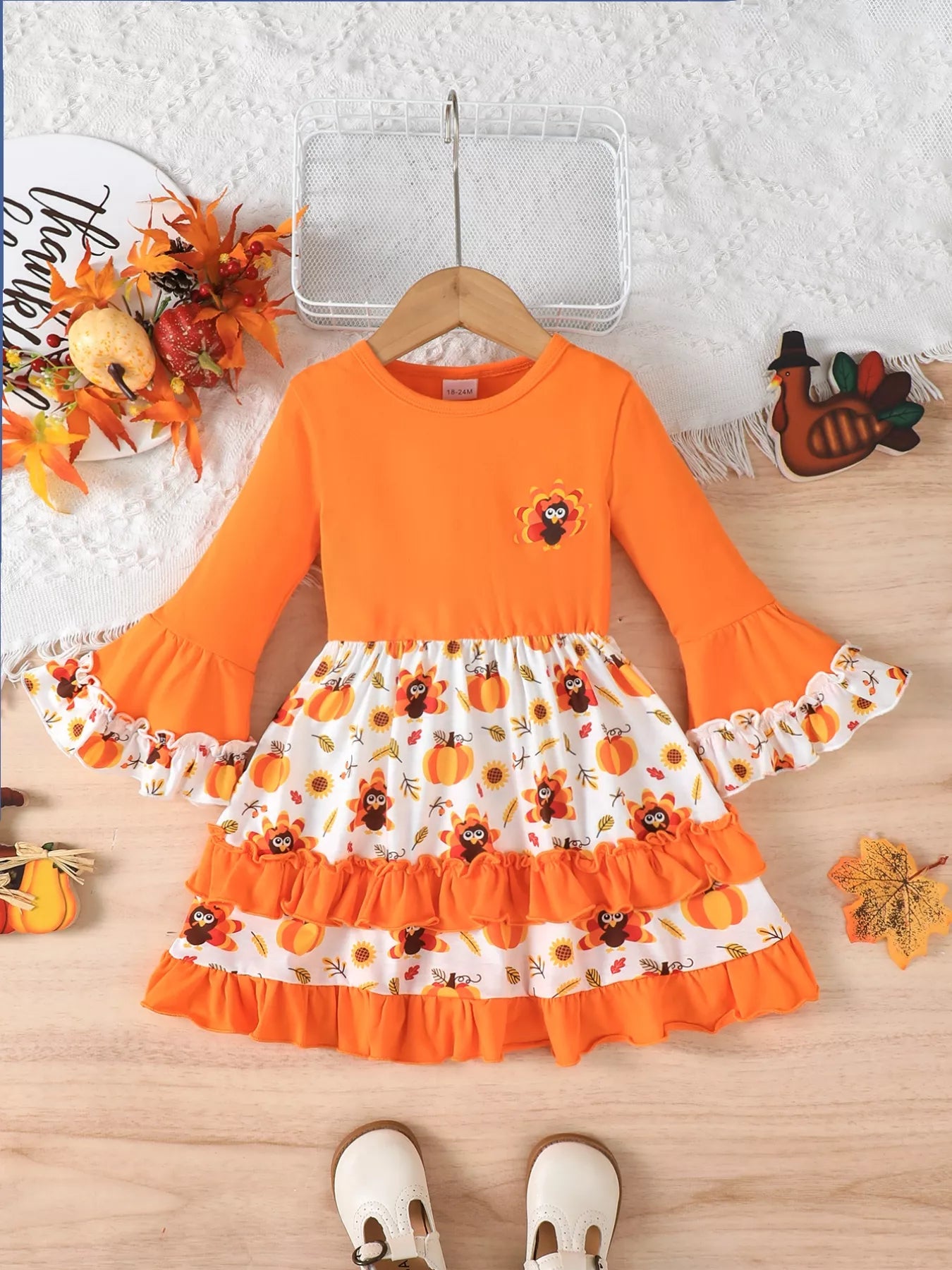 Children's Thanksgiving Turkey Ruffle Sleeve Dress OutfitFlow
