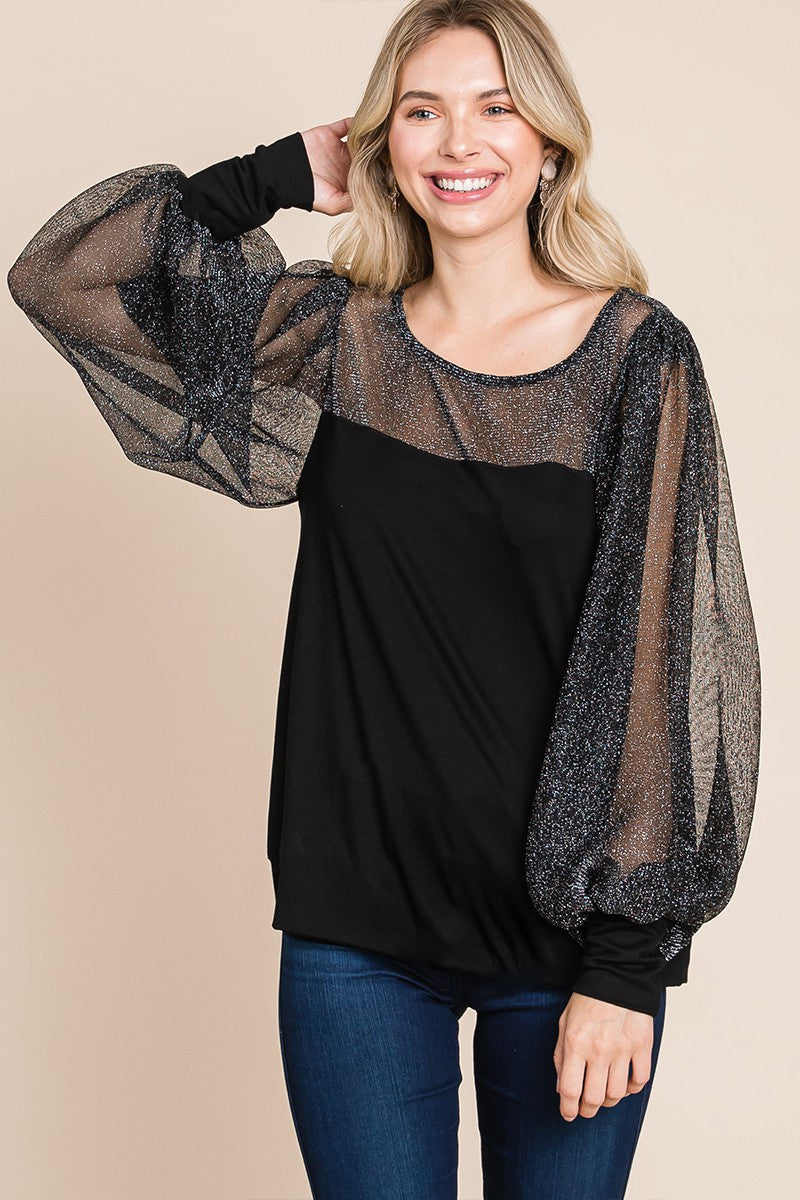 Outfit Flow - Super Lady Full Size Metallic Mesh Lantern Sleeve Blouse