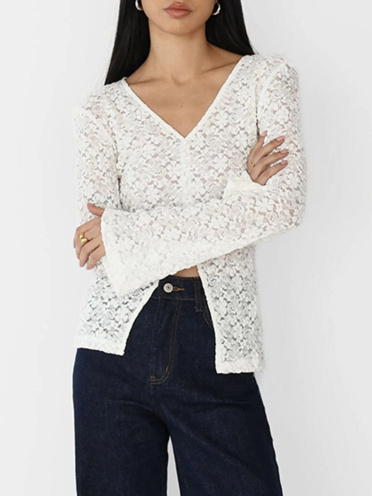 Lace V-Neck Flare Sleeve T-Shirt Ivory OutfitFlow