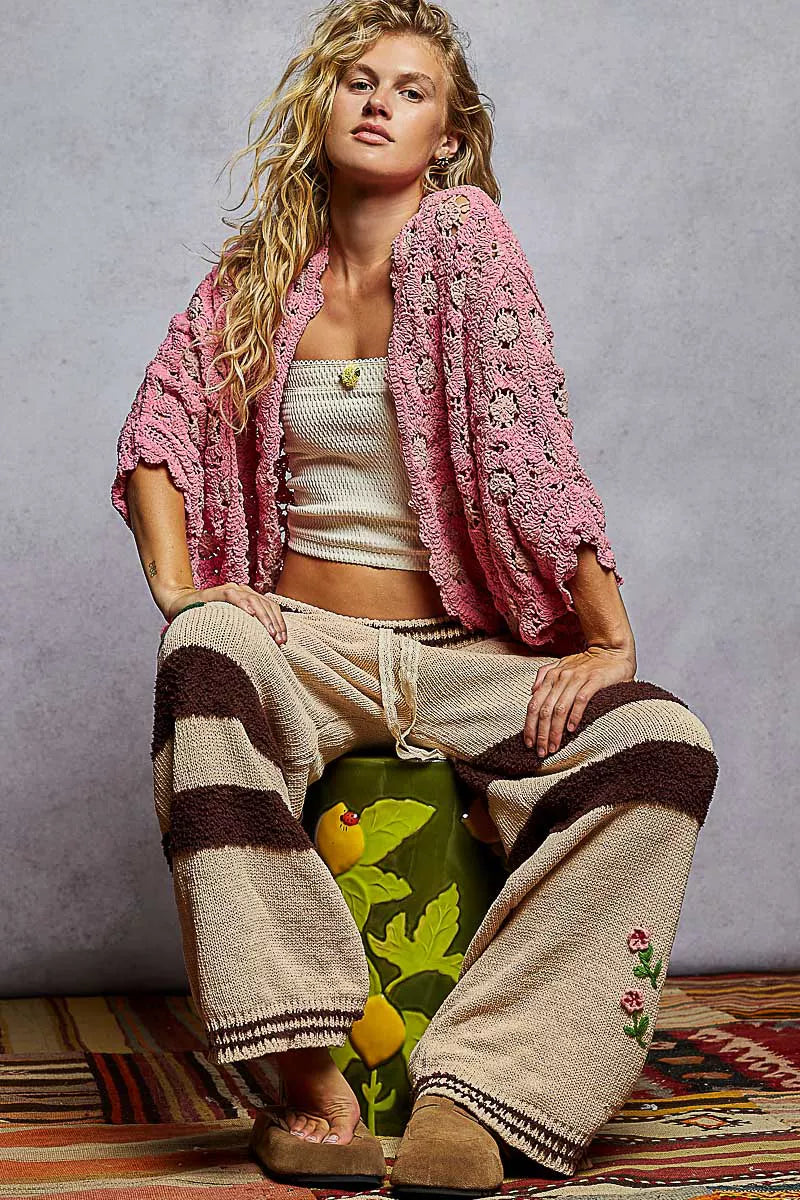 POL Openwork V-Neck Chenille Cardigan with Contrast Floral OutfitFlow