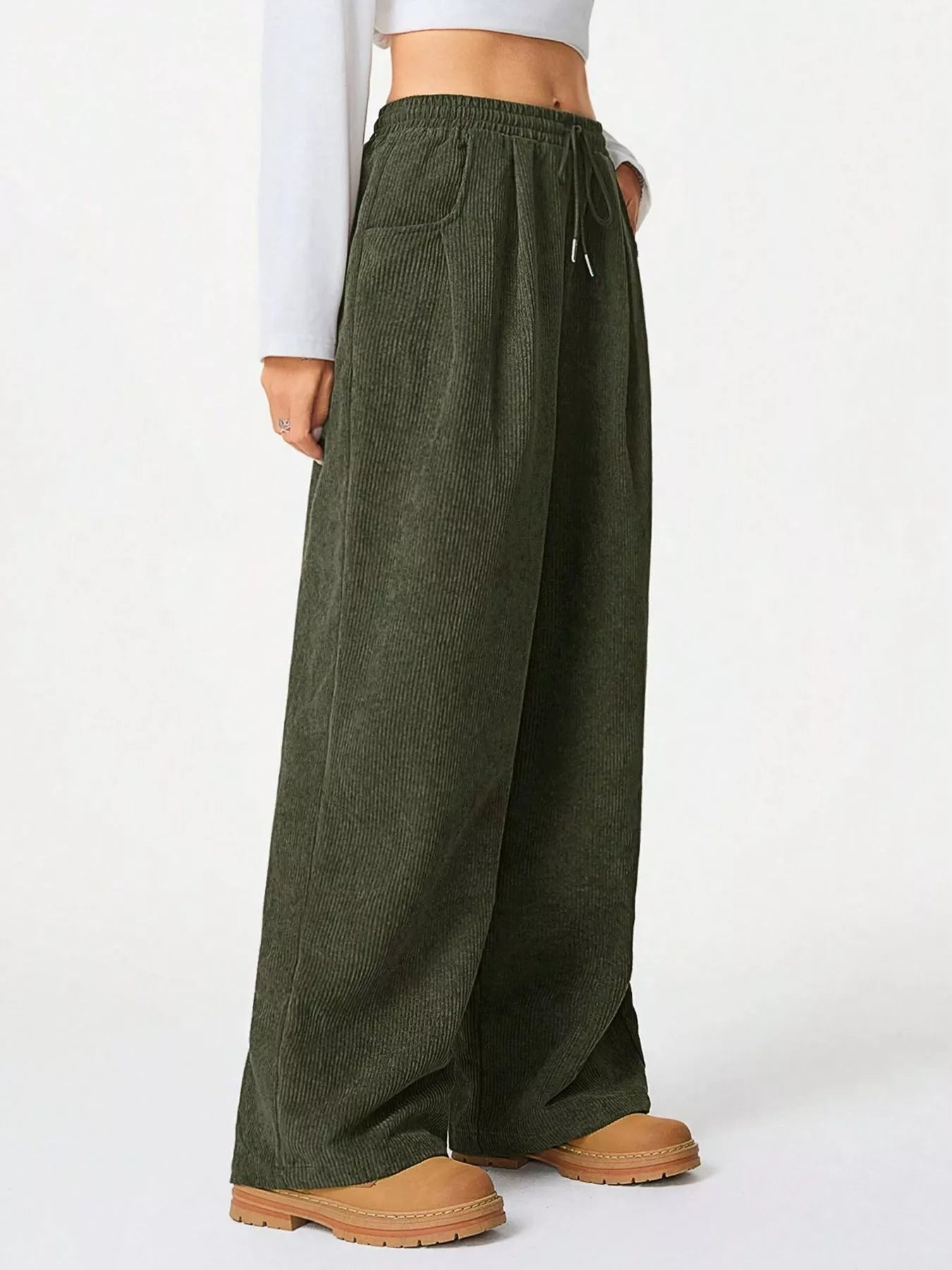 Wide Leg Corduroy Drawstring Pants OutfitFlow