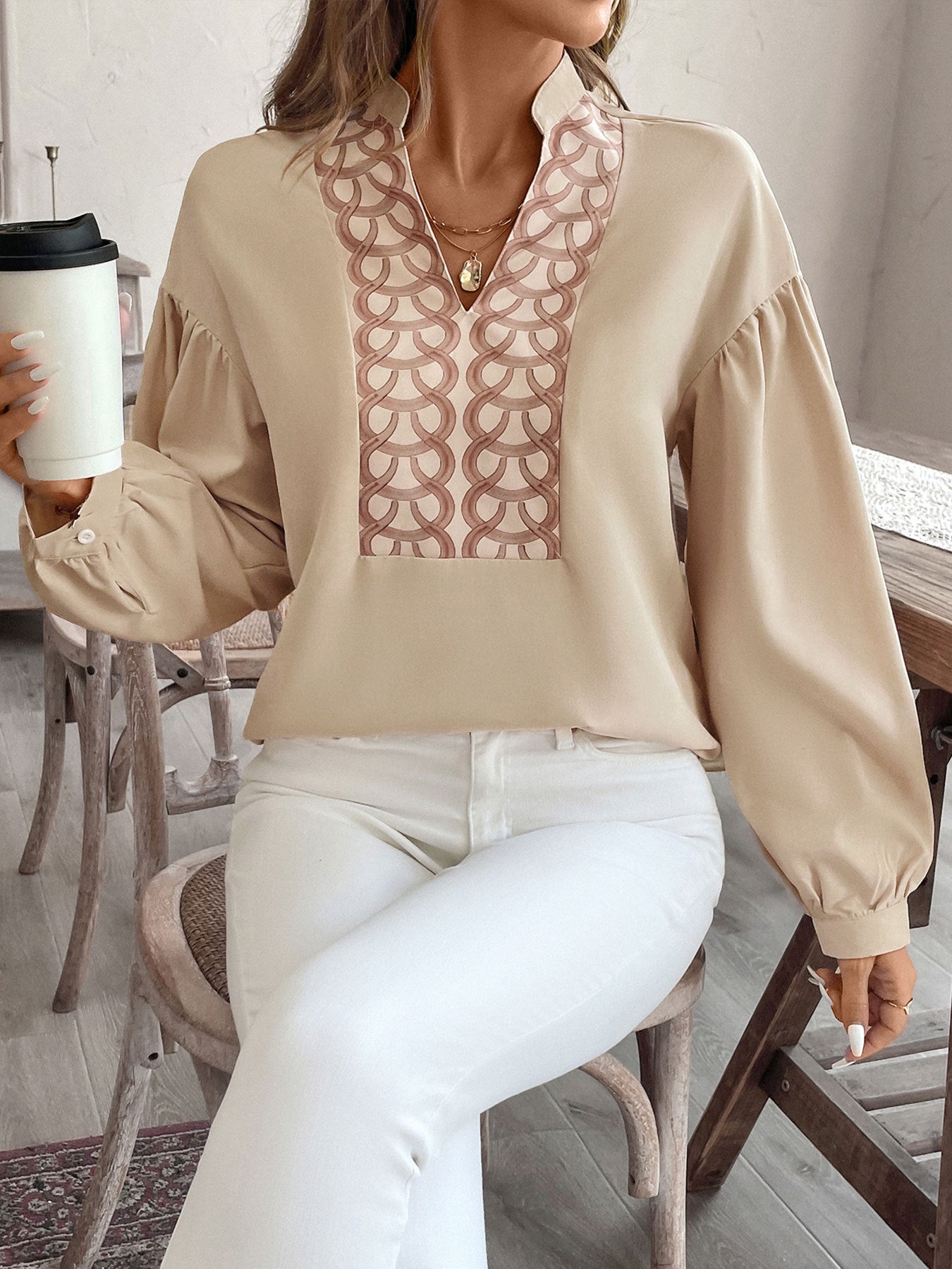 Outfit Flow - Perfee Printed Notched Long Sleeve Blouse