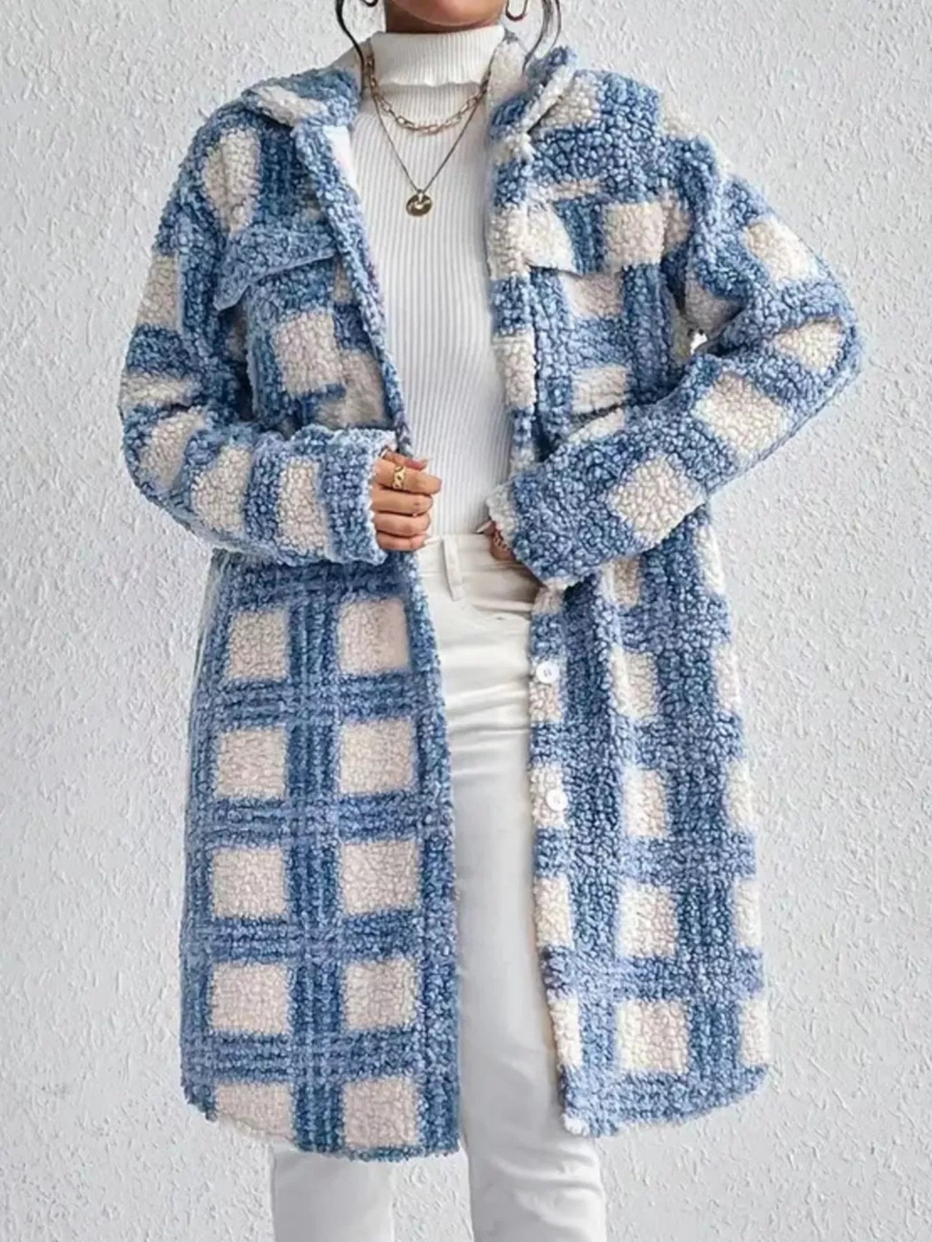 Plaid Button Up Long Sleeve Fleece Coat OutfitFlow