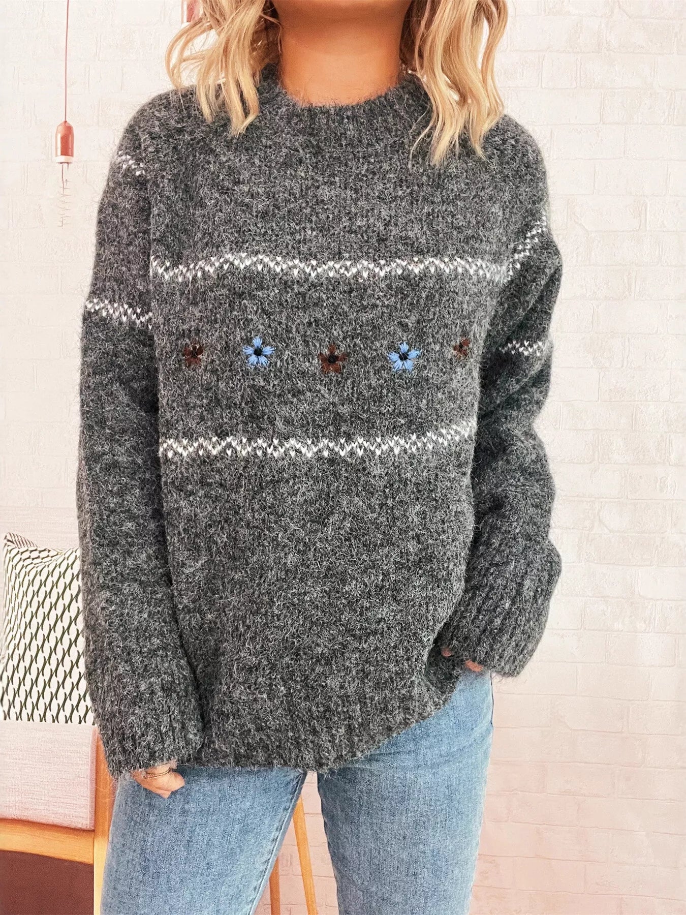 Ribbed Hem Flower Long Sleeve Sweater Dark Gray One Size OutfitFlow