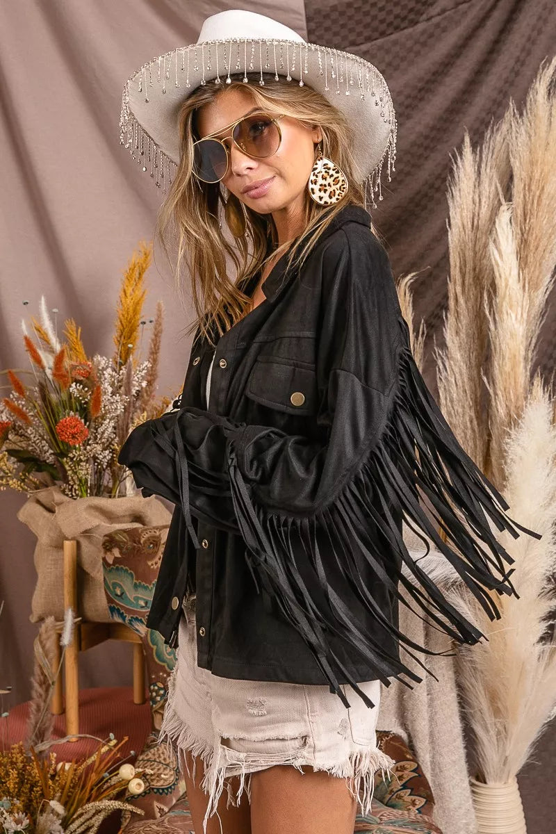 BiBi Suede Fringe Long Sleeve Jacket OutfitFlow