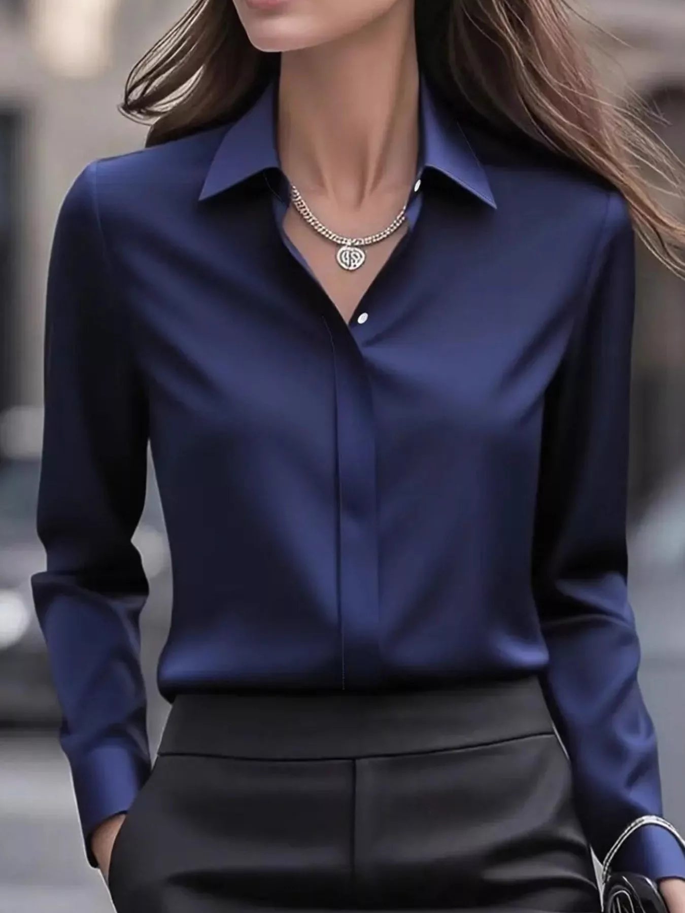 Button Down Collared Neck Long Sleeve Shirt Dark Blue OutfitFlow
