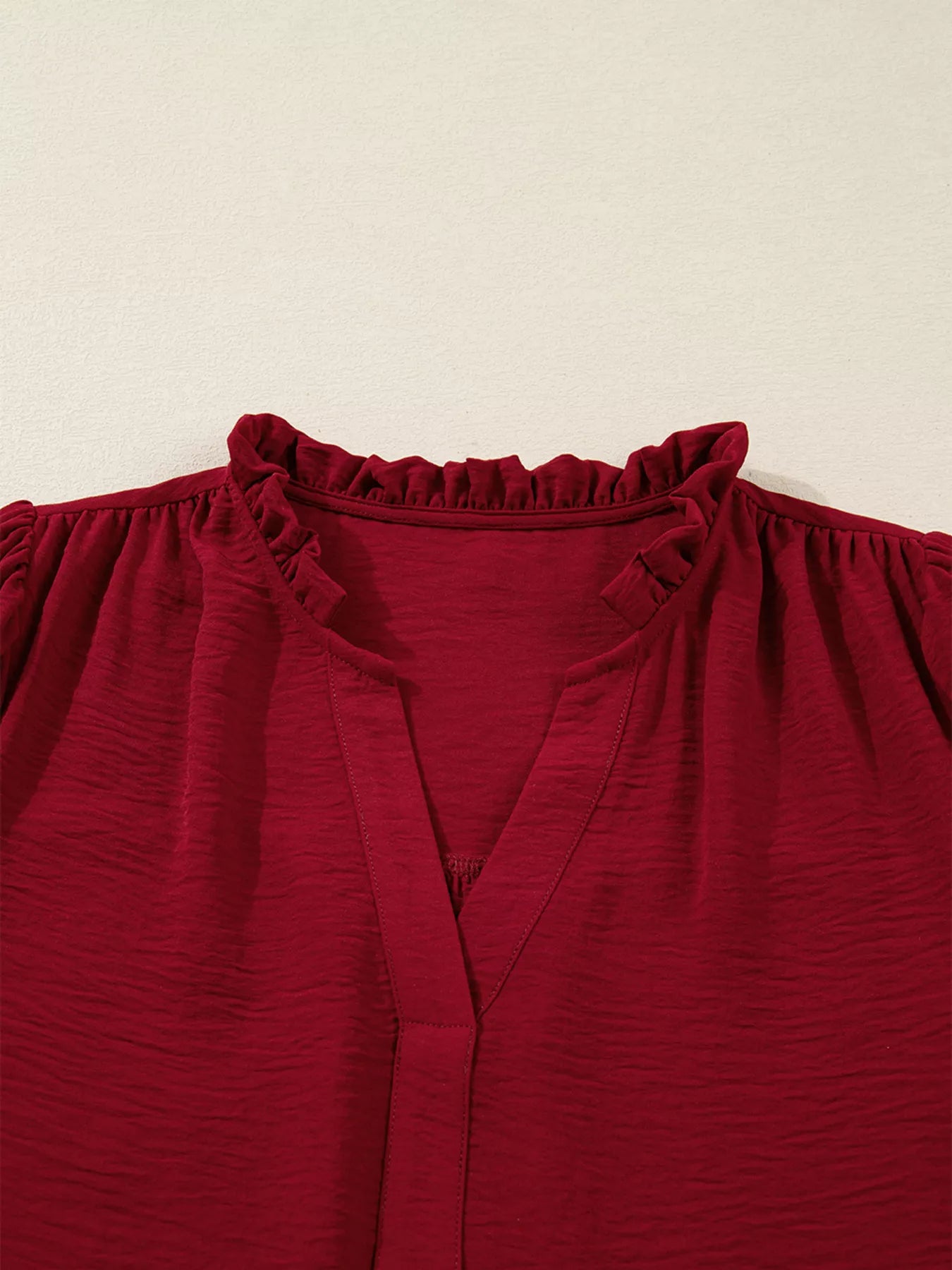 Notched Neck Shirred Cuff Long Sleeve Blouse OutfitFlow