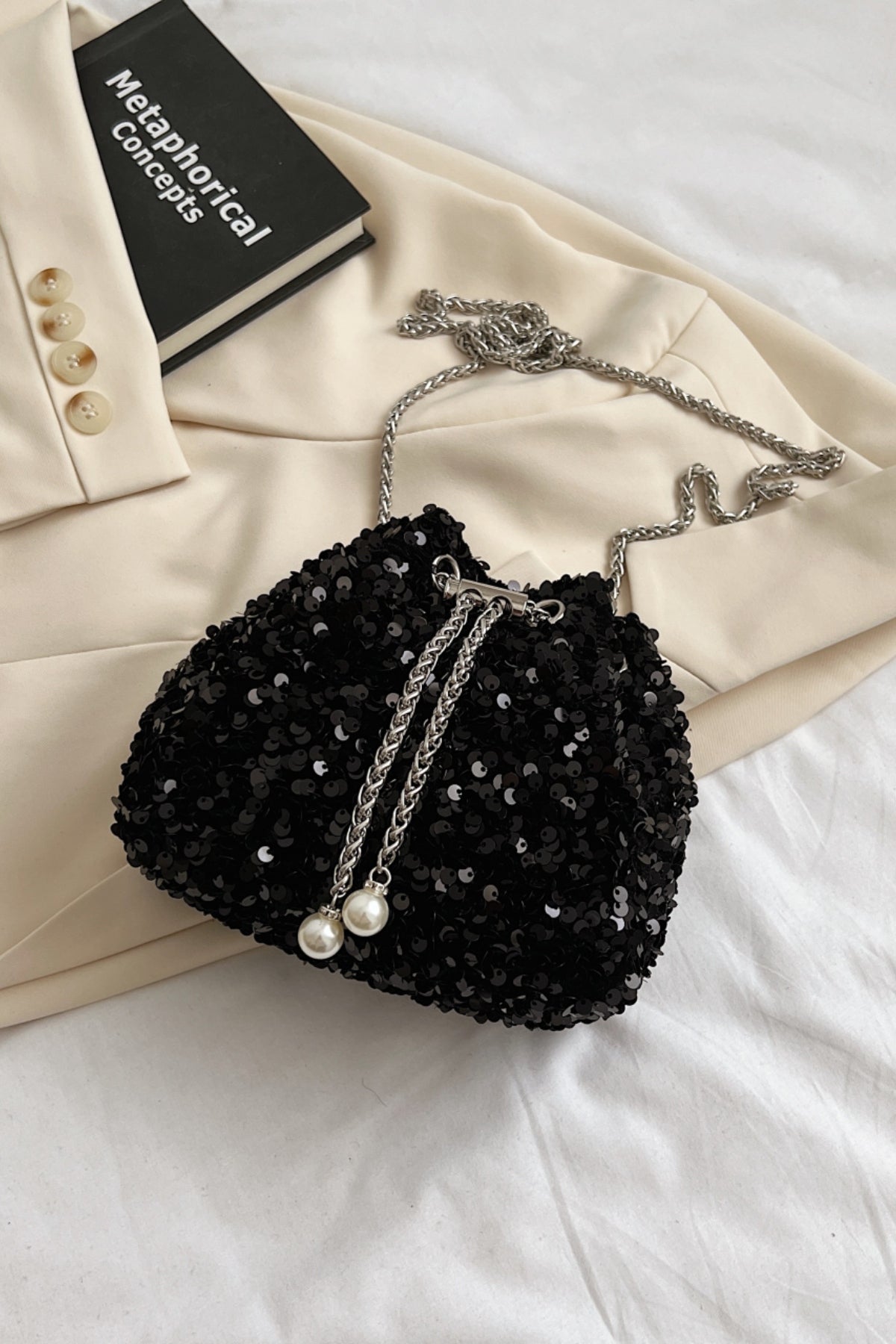 Sequin Chain Drawstring Bucket Bag