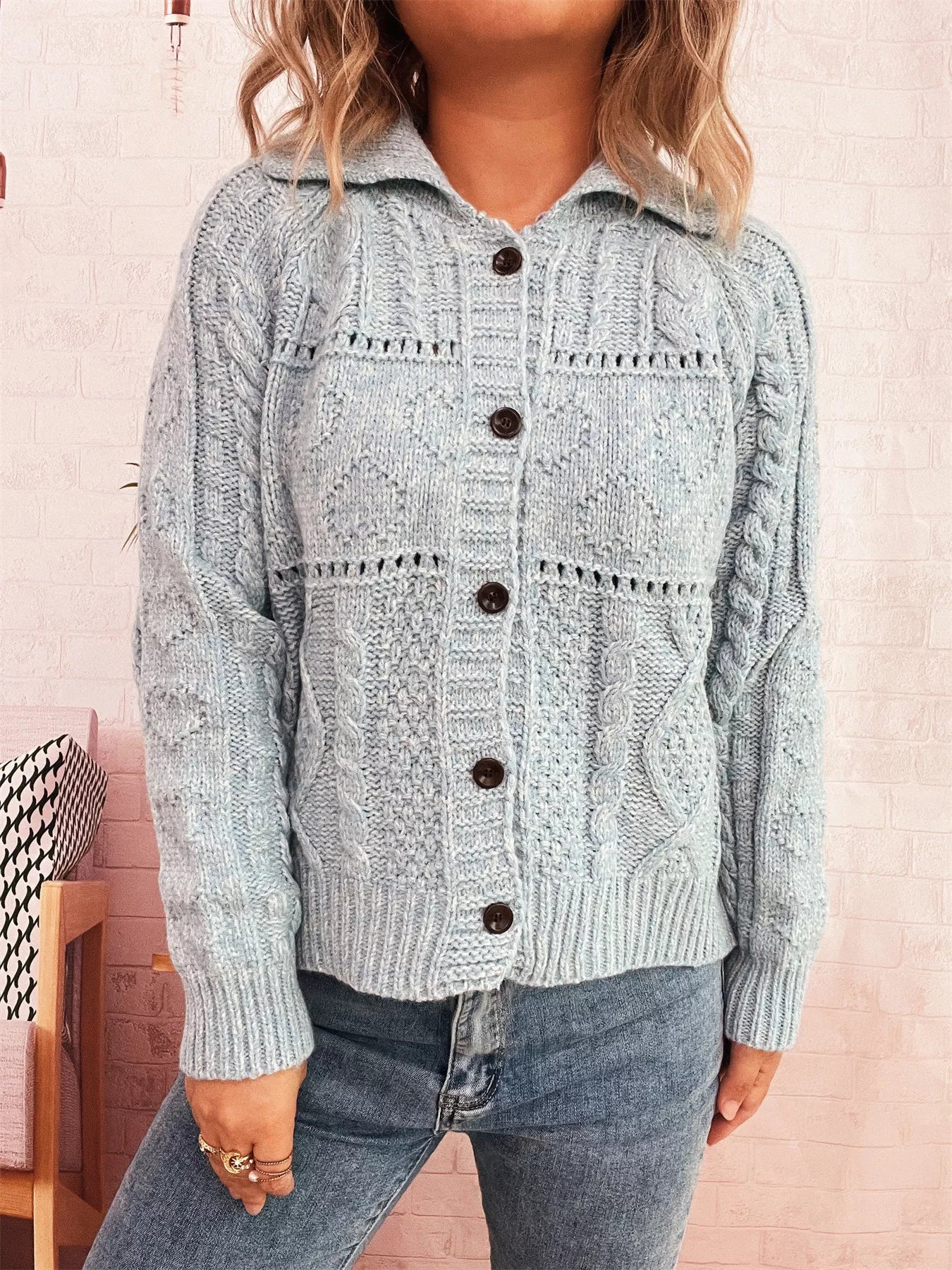 Openwork Cable Knit Button-Up Cardigan OutfitFlow