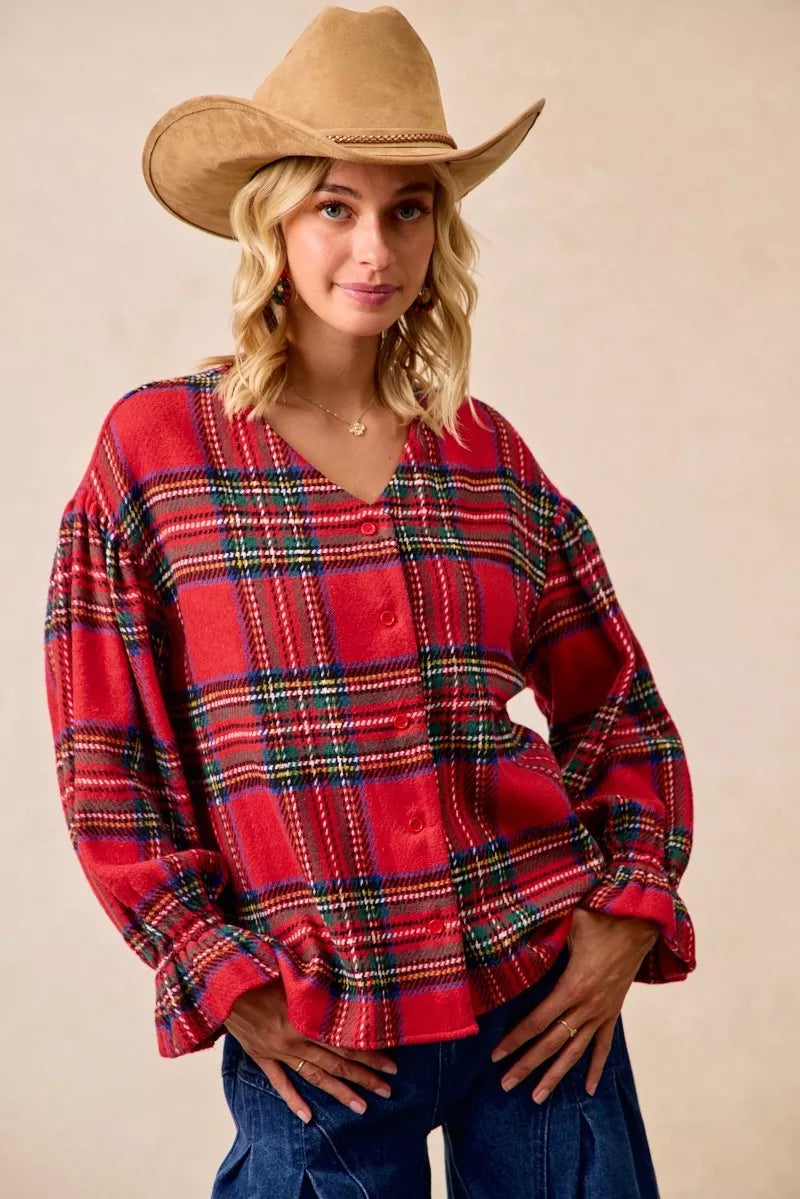BiBi Christmas Plaid V-Neck Flounce Sleeve Jacket RED PLAID Trendsi