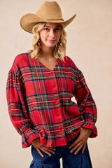BiBi Christmas Plaid V-Neck Flounce Sleeve Jacket RED PLAID Trendsi