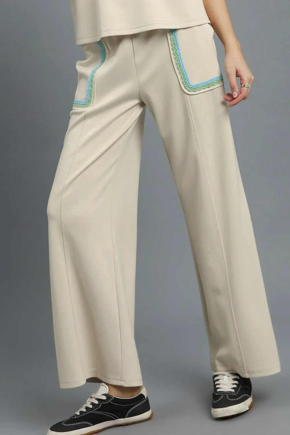 Umgee Drawstring Wide Leg Pants with Scallop Trim Detail OutfitFlow