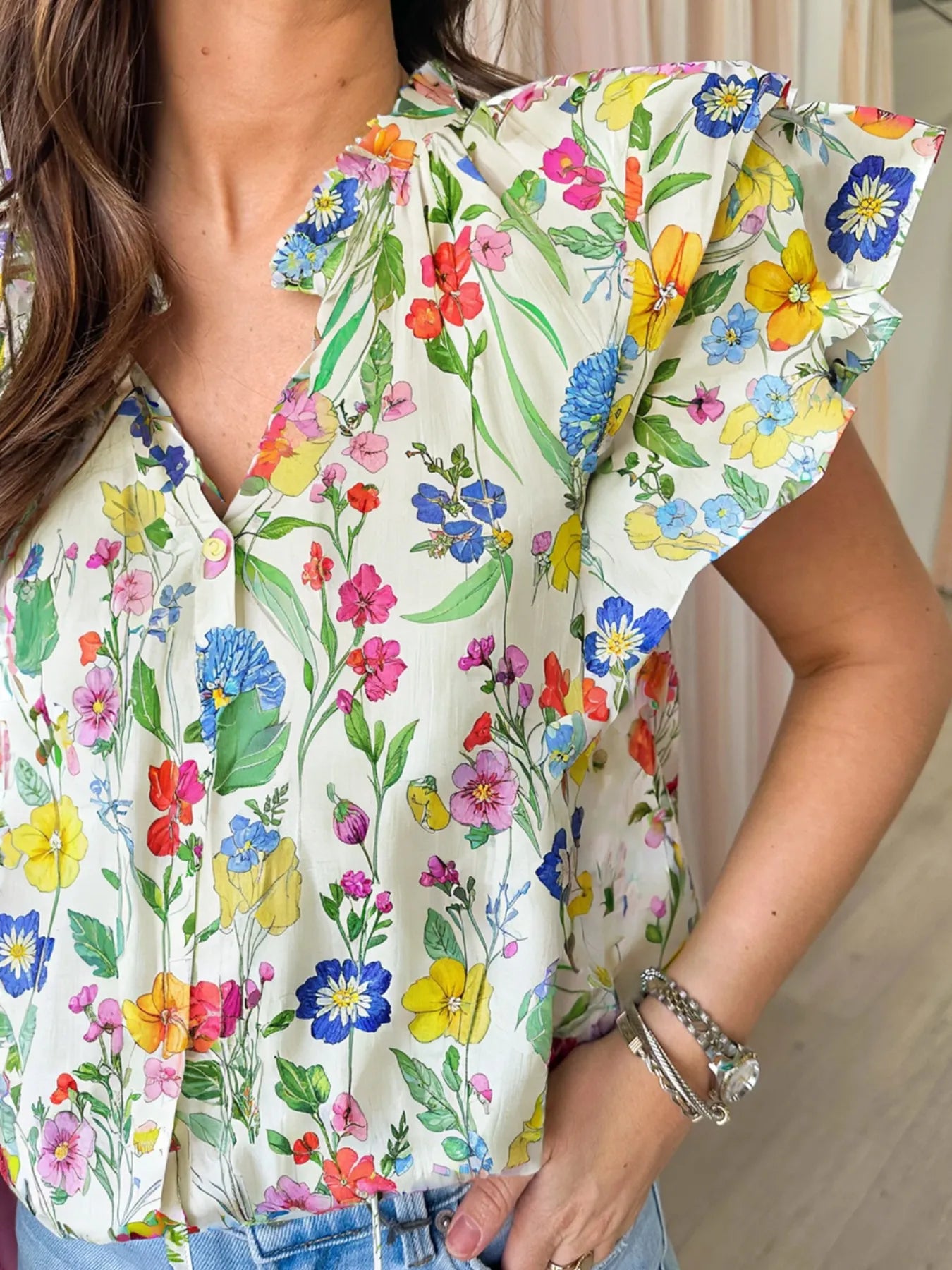 Floral Print Ruffle Layered Short Sleeve Blouse OutfitFlow