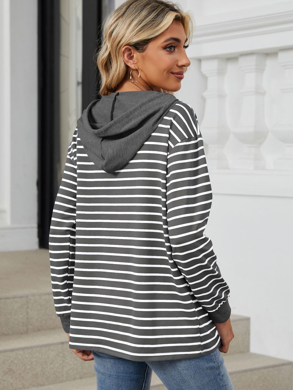 Outfit Flow - Drawstring Striped Long Sleeve Hoodie