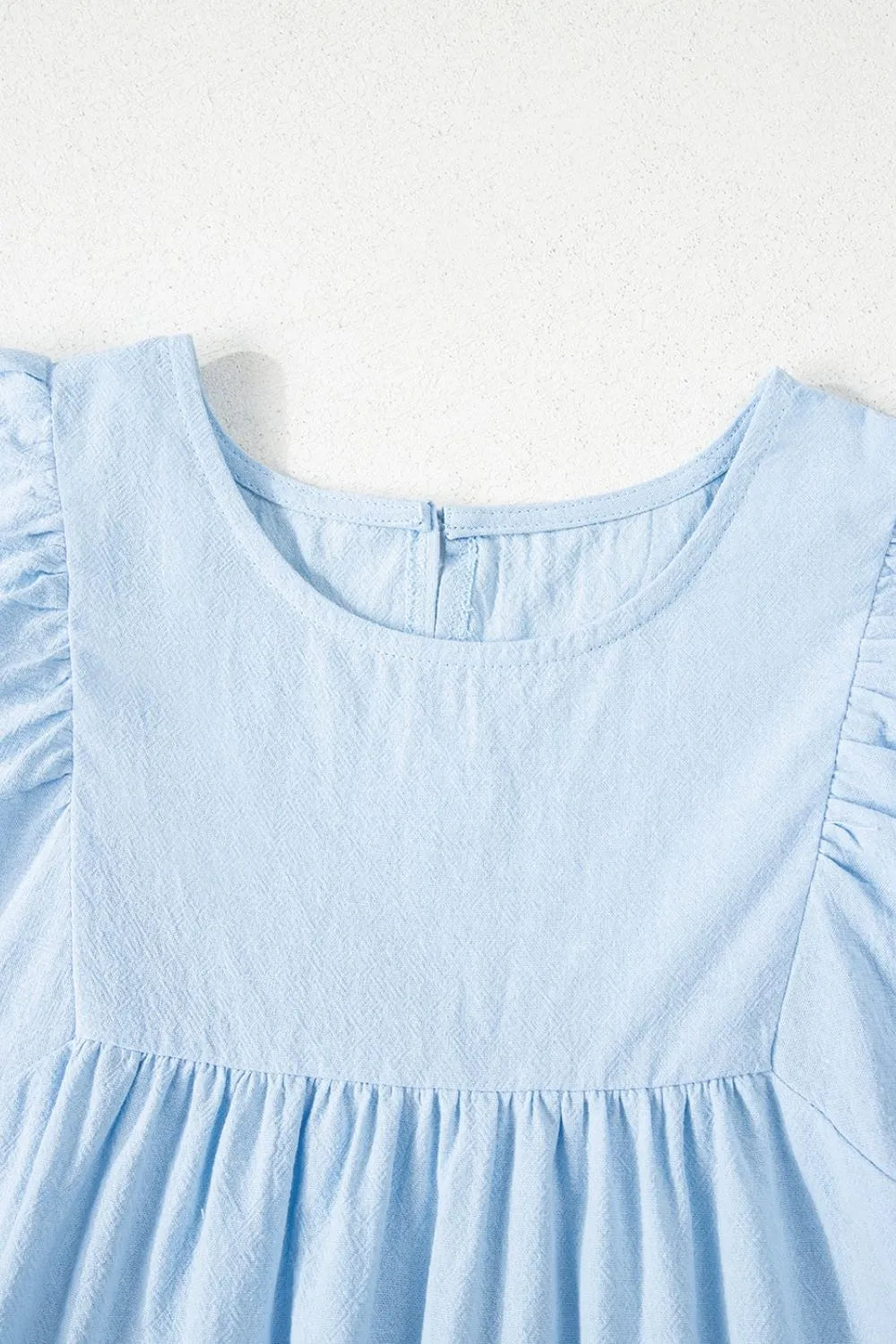 Solid Color Embroidered Scalloped Sleeves Crew Neck Blouse OutfitFlow