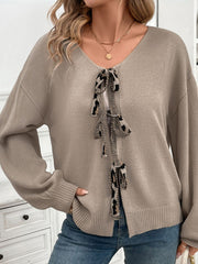 Outfit Flow - Perfee Tied Contrast Heart V-Neck Long Sleeve Cardigan