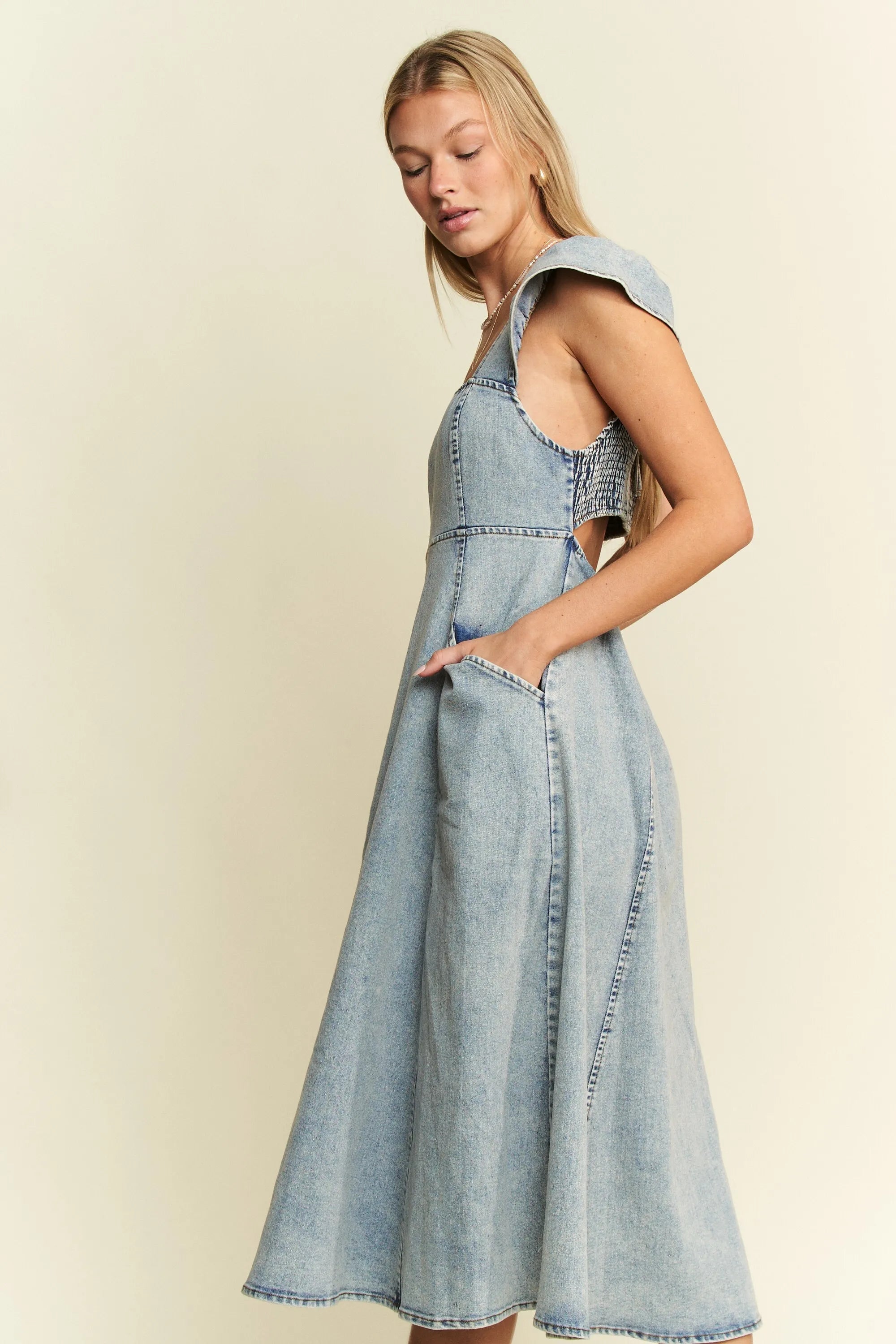 Jade By Jane Full Size Ruffled Denim Midi Dress Plus Size OutfitFlow