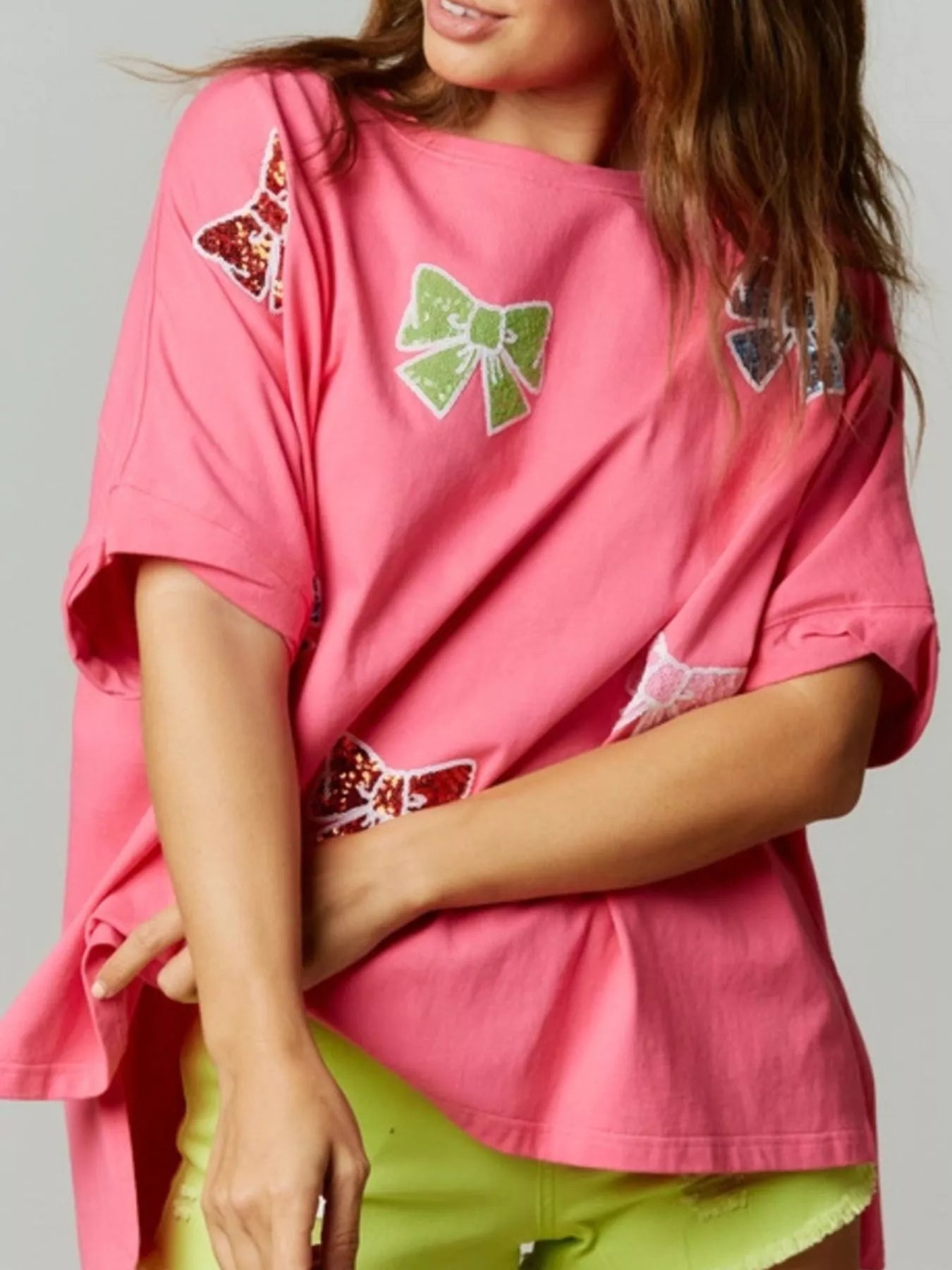 Sequin Bow Round Neck T-Shirt OutfitFlow