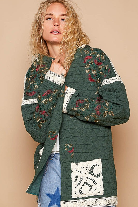 Outfit Flow - POL Embroidered Open Front Quilted Jacket with Crochet Pockets