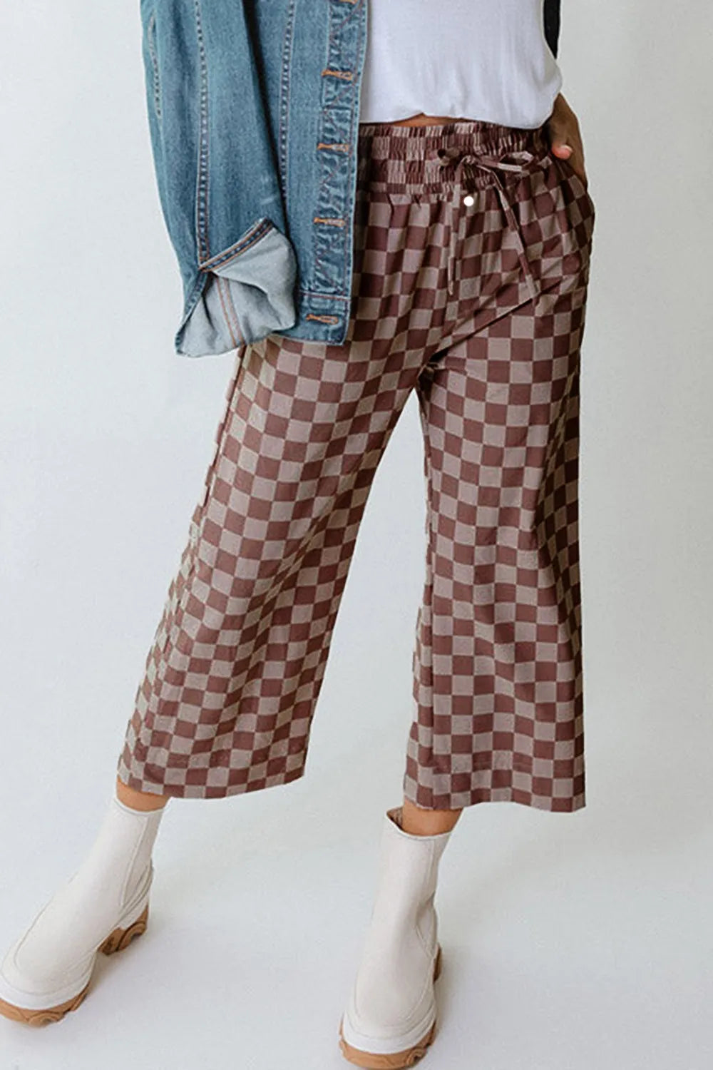 Checkered Elastic High Waist Loose Casual Pants OutfitFlow