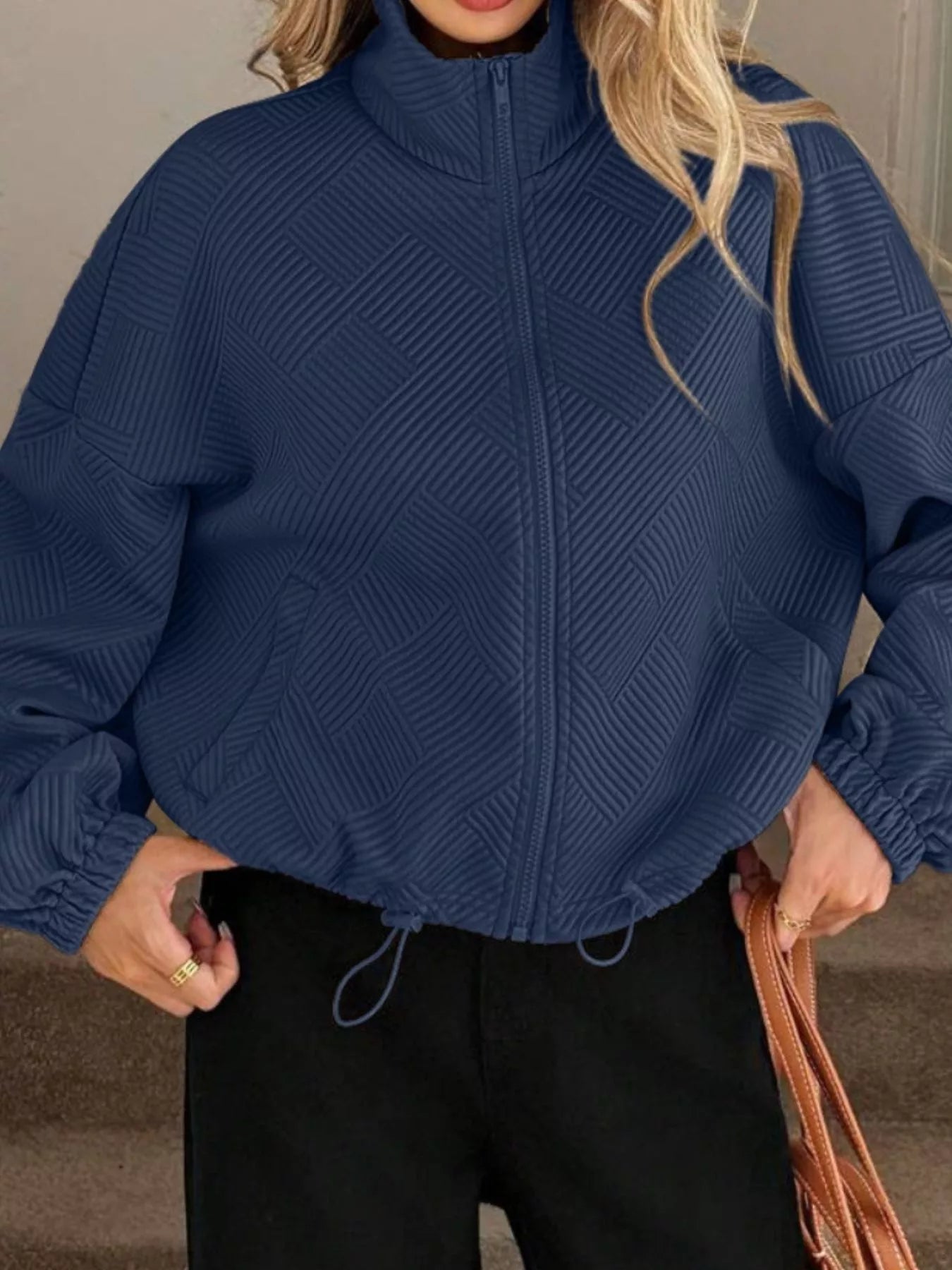 Textured Zip-Up Drawstring Hem Jacket Trendsi