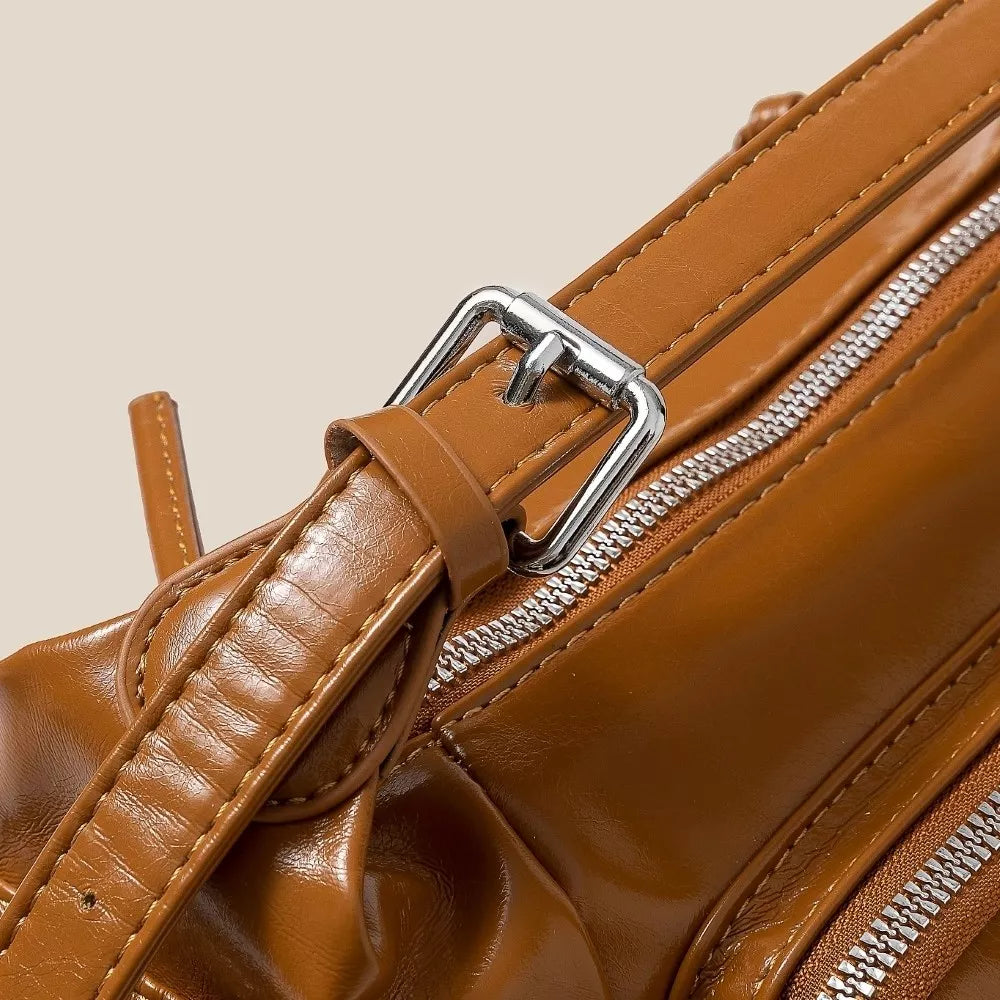 Fame Glossy Faux Leather Multi Pocket Hand Bag OutfitFlow