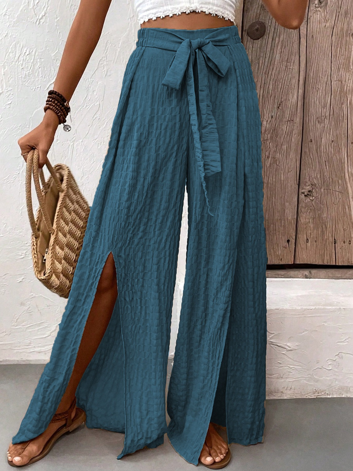 Outfit Flow - Honey Tied Slit Wide Leg Pants