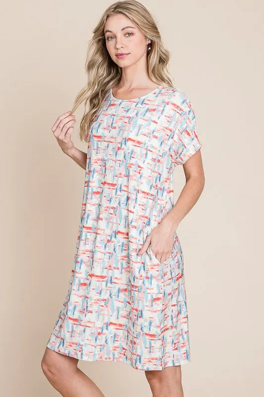 BOMBOM Printed Round Neck Short Sleeve Tee Dress OutfitFlow