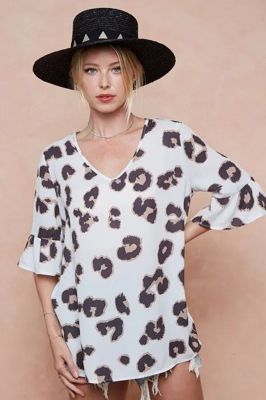 BiBi Leopard Printed V Neck Woven Top with Ruffled OutfitFlow