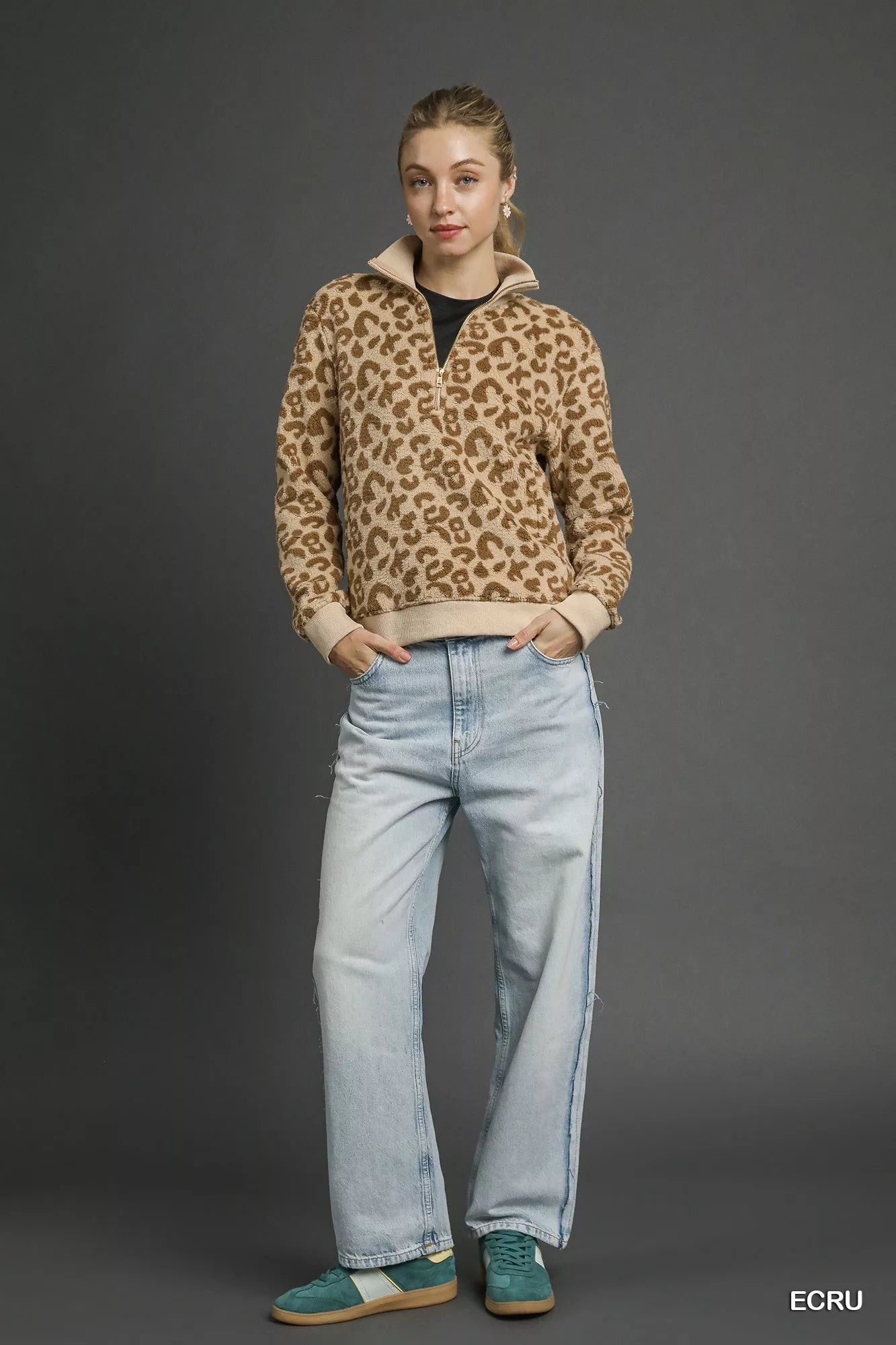 Umgee Leopard Print Quarter-Zip Sweatshirt OutfitFlow