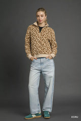 Umgee Leopard Print Quarter-Zip Sweatshirt OutfitFlow