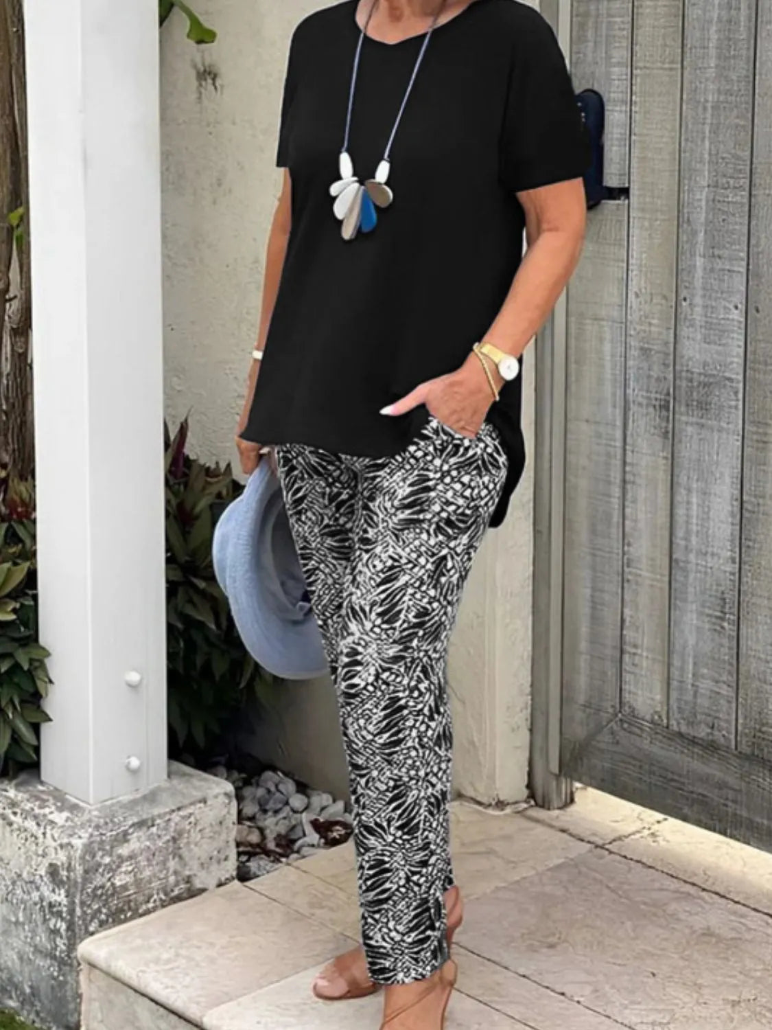 Full Size Round Neck Short Sleeve Top and Pants Set Plus Size Black OutfitFlow
