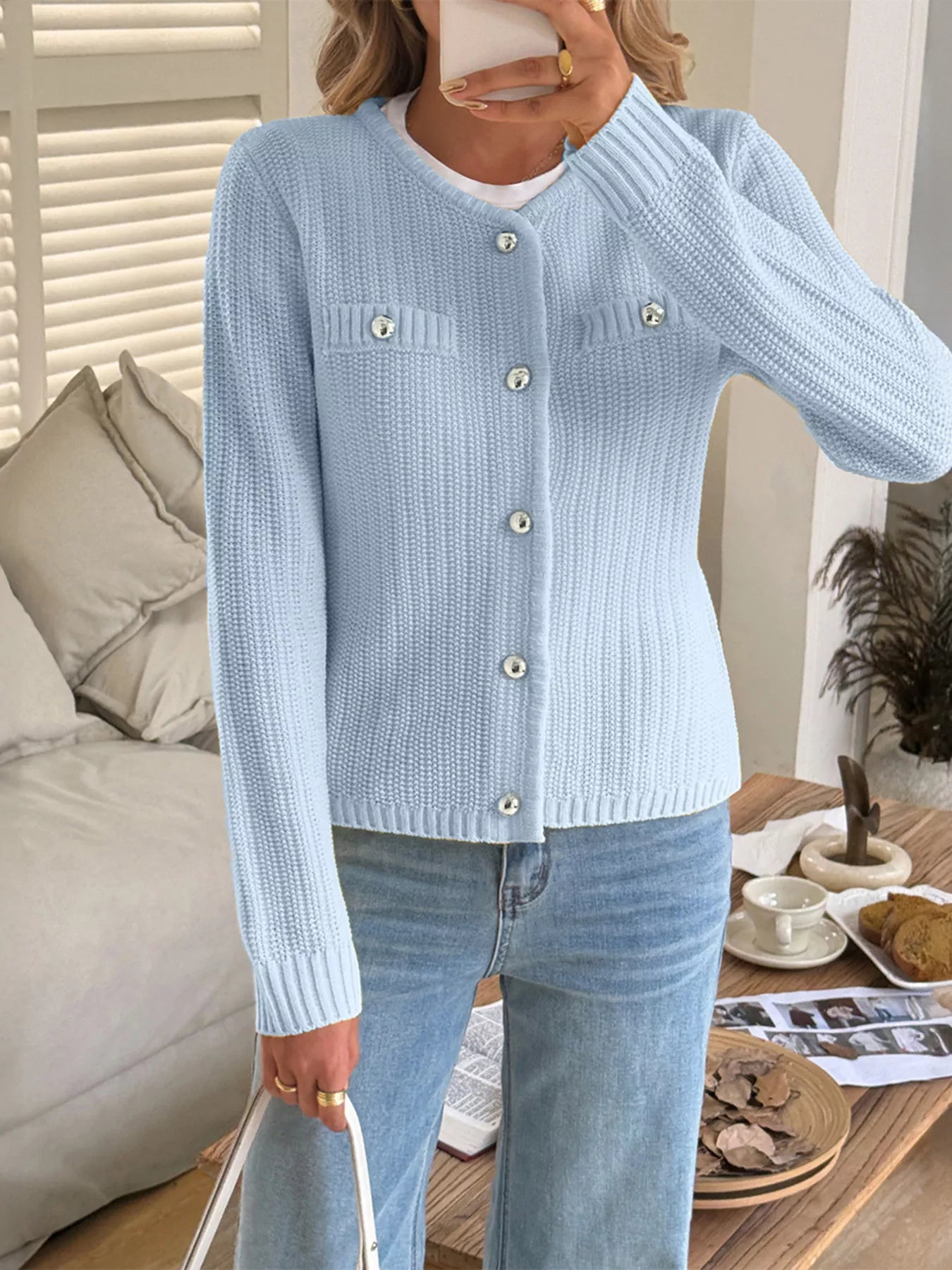 Button-Front Ribbed Long Sleeve Cardigan OutfitFlow